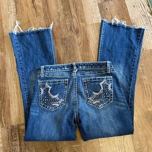 Rock 47 Wrangler Low Rise Denim Boot Cut Jeans Sz 6x34 Fringe Cutoff 30x 28